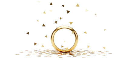Gold ring with gold and black confetti on transparent background for wedding or engagement