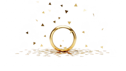 Gold ring with gold and black confetti on transparent background for wedding or engagement