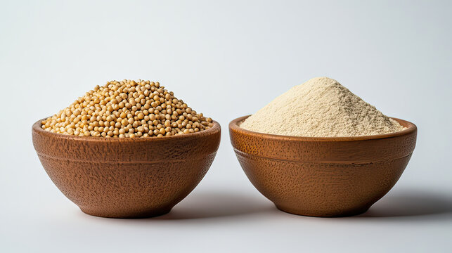 Jowar grains and jowar powder in two bowls placed side by side on transparent background