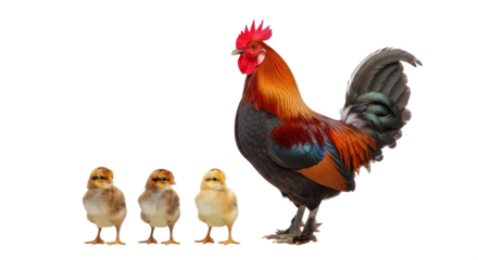 Vibrant rooster with three adorable baby chicks standing on white background, farm animal family illustration