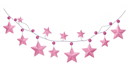 Pink star shaped decorations hanging on a string with beads isolated on transparent background