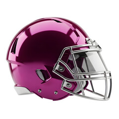 Fototapeta premium Shiny metallic magenta American football helmet with silver grill, protective sports headgear on white