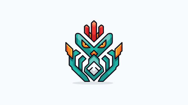 Intricate geometric design of a stylized tribal mask with vibrant colors and sharp lines.