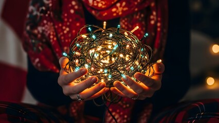 Woman holding a glowing christmas ornament