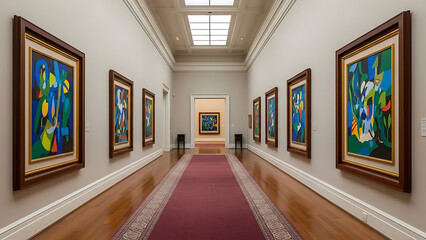 Art gallery hallway perspective showcasing paintings with artistic vision under natural lighting and contemporary design with red rug 150 characters