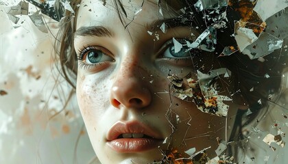 Portrait of a woman with face partially obscured by shattered glass
