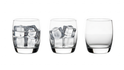 Three whiskey glasses with and without ice cubes on transparent background