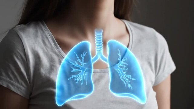 Human Respiratory System Hologram on Woman's Chest White T-Shirt in Studio Light Gray Background for Educational and
