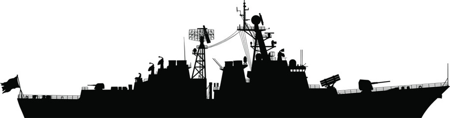 Naval destroyer silhouette, modern military warship with radar systems, maritime defense vessel isolated black vector illustration on white background design © MD SHAHARIR
