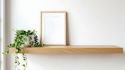 Blank frame on shelf with green vine plant minimalist decor perfect for displaying artwork photographs posters marketing promotion advertising