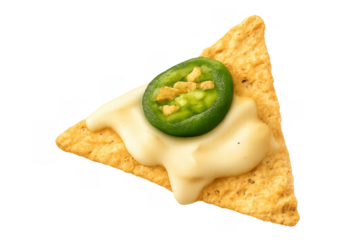 Nacho chip with melted cheese sauce and a fresh jalapeño slice, mexican appetizer on transparent background
