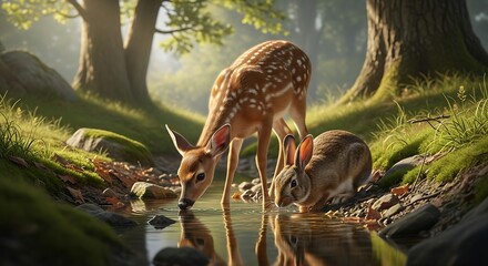 Deer drinking from forest stream water.