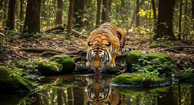 Tiger Drinking Water in Forest Stream.