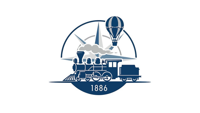 Vintage transportation logo featuring a train, airplane, and hot air balloon, with the year 1886.