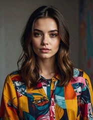 Portrait of a woman with long wavy hair and patterned shirt