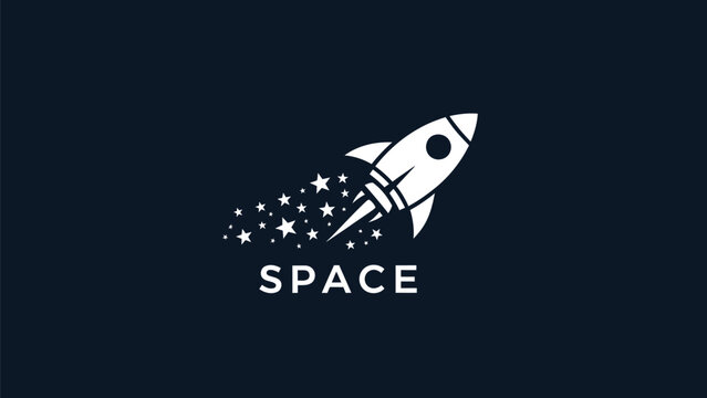 White rocket ship blasting off into space with stars and the word space.