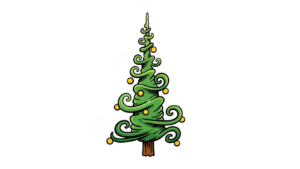 A whimsical cartoon christmas tree with swirly branches on a transparent background