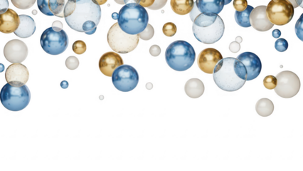 Blue and gold ornaments falling on transparent background