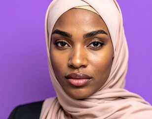 Portrait of a woman with head covering against a purple backdrop