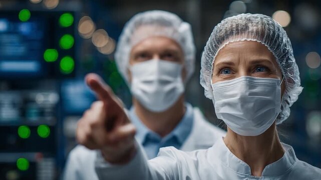 Scientific Precision: A focused scientist, garbed in protective attire, intently points towards a complex technological setup in a state-of-the-art laboratory, underscoring dedication and precision.
