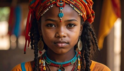 Portrait of a young, dark-skinned girl adorned with vibrant cultural jewelry