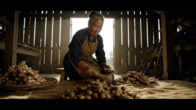 Senior Woman Cleaning Harvested Ginger Roots With Wooden Brush Inside Barn with Bright White Door and Rustic Wooden