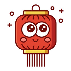 Cute red Chinese lantern character with tassels and sparkles for Lunar New Year isolated on transparent background.
