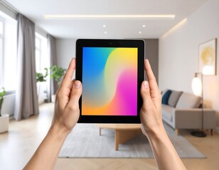 Hands holding a tablet with a colorful screen against a blurred living room backdrop