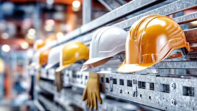 Safety Gear Lineup: A close-up shot showcasing an array of industrial safety helmets and gloves. Ready for workers to stay safe.