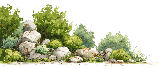 Watercolor Style Illustration of Garden Rockery and Lush Green Foliage Isolated on White