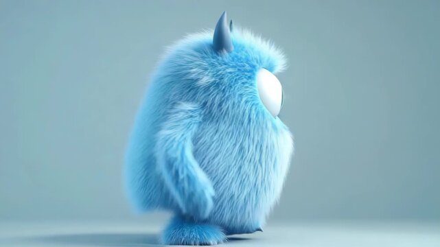 A fluffy, blue, cartoon-like creature with big eyes, horns, and a soft, furry appearance