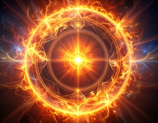 Obraz premium Radiant circular design emitting fiery light and cosmic energy, stylized