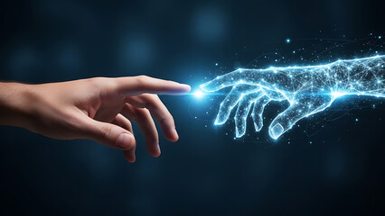Human and Artificial Intelligence Collaboration Concept with Futuristic Digital Hands