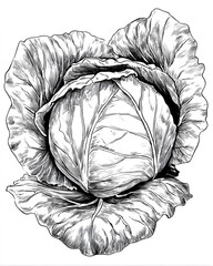 Detailed Black and White Line Art Drawing of a Whole Cabbage Head Isolated on White
