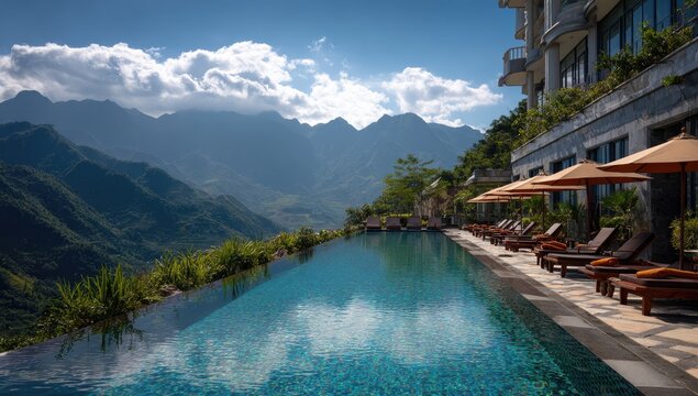 Infinity pool overlooks stunning mountain range and lush green valley - Powered by Adobe