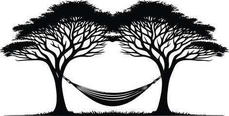Vector illustration of a comfortable hammock strung between two tall trees for peaceful relaxation and tropical vacation 
