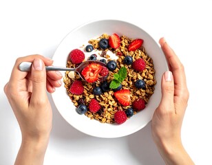 Hands holding bowl of granola, yogurt, strawberries, blueberries, and raspberries