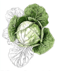 Hand Drawn Artistic Illustration of a Fresh Cabbage with Green Leaves on White Background