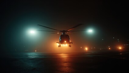 Helicopter landing on a foggy runway at night, illuminated by bright lights