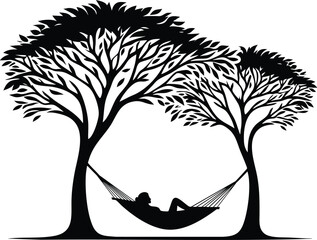 Vector illustration of a comfortable hammock strung between two tall trees for peaceful relaxation and tropical vacation 