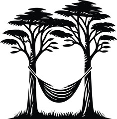 Vector illustration of a comfortable hammock strung between two tall trees for peaceful relaxation and tropical vacation 