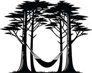Vector illustration of a comfortable hammock strung between two tall trees for peaceful relaxation and tropical vacation 