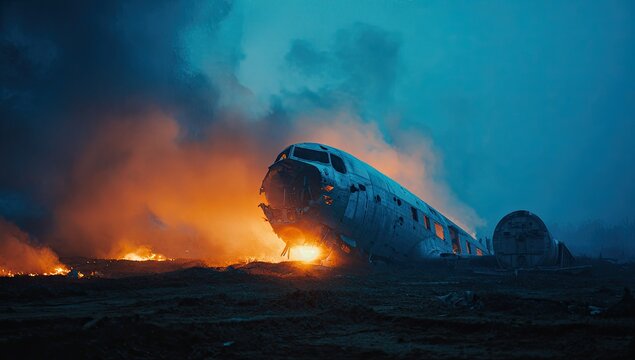 A destroyed airplane is engulfed in flames under a dark, smoky sky