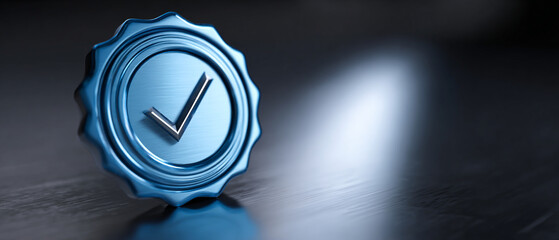 Glossy Blue Metallic Quality Assurance Seal with Checkmark Icon for Premium Certified Product