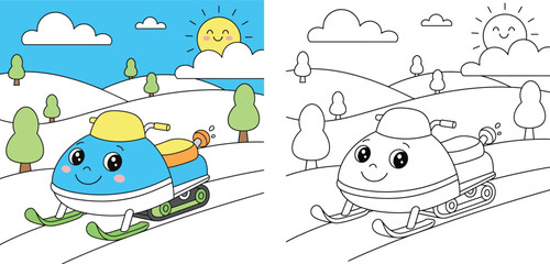 Fototapeta premium Coloring book page for kids vector illustration of cute cartoon snowmobile on snowy winter background with sun and trees.