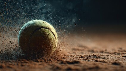 Close-up of a tennis ball kicking up clay dust on a court