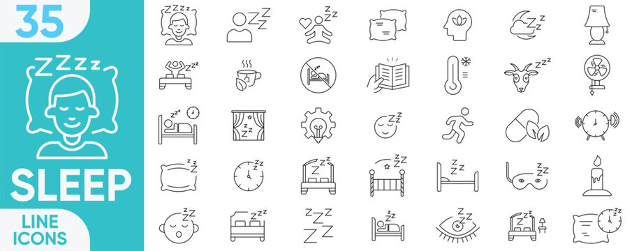 Sleep outline icon set. sleep tracking, night routine, bedroom, dream, pillow, bed, alarm clock, Zzz, pillow, moon, and more.Vector illustration set.