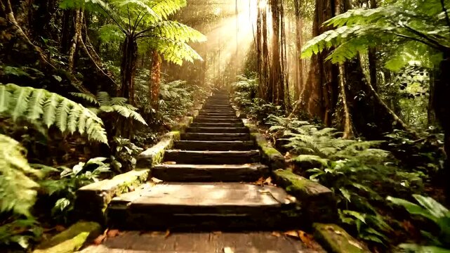 Enchanting sunlit stone staircase ascending through a lush tropical rainforest. A mystical path to discovery and spiritual growth, offering peaceful escape, tranquil serenity, and inspiring natural...