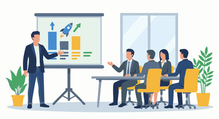 Fototapeta premium “Startup founder presenting a business pitch to investors, presentation screen with charts and growth icons, conference room simplified, flat vector illustration