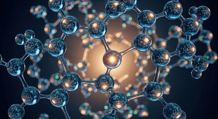 3D rendering of a complex molecular structure, with interconnected spheres and bonds, with bright center